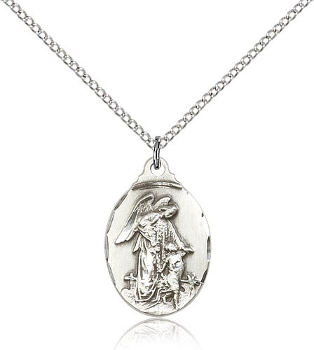 Guardian Angel Medal, Sterling Silver - 18" 1.2mm Sterling Silver Chain + Clasp