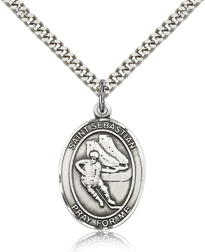 St. Sebastian Hockey Medal, Sterling Silver, Large - 24" 2.4mm Rhodium Plate Chain + Clasp