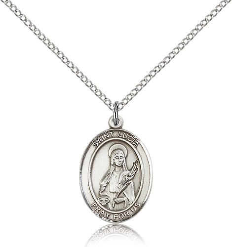 St. Lucia of Syracuse Medal, Sterling Silver, Medium - 18" 1.2mm Sterling Silver Chain + Clasp