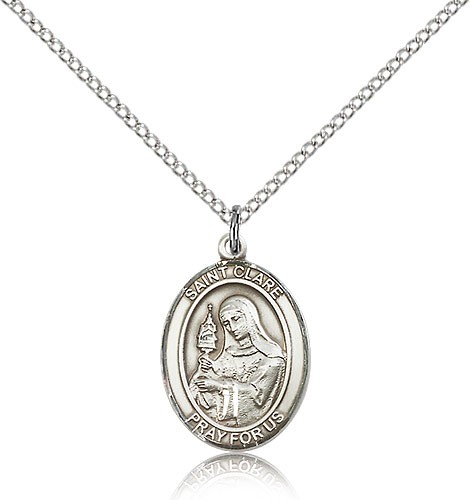 St. Clare of Assisi Medal, Sterling Silver, Medium - 18" 1.2mm Sterling Silver Chain + Clasp