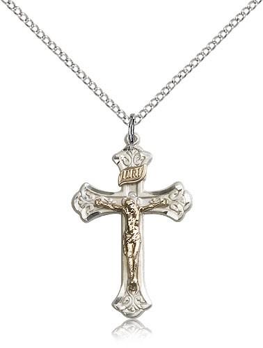 Crucifix Pendant, Two-Tone - 18" 1.2mm Sterling Silver Chain + Clasp