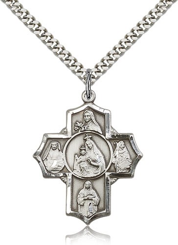 Mt Carmel 4 Way Cross Pendant, Sterling Silver - 24" 2.4mm Rhodium Plate Endless Chain