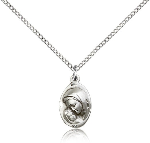 Madonna and Child Medal, Sterling Silver - 18" 1.2mm Sterling Silver Chain + Clasp