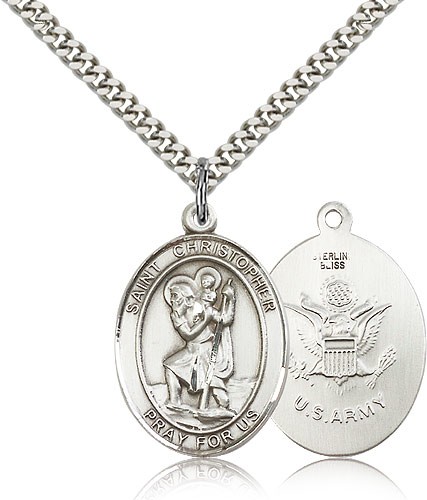 St. Christopher Army Medal, Sterling Silver, Large - 24" 2.4mm Rhodium Plate Chain + Clasp