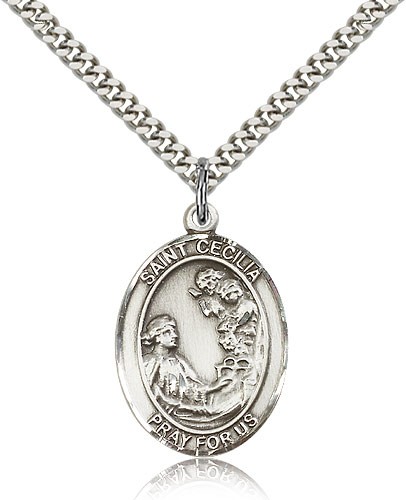 St. Cecilia Medal, Sterling Silver, Large - 24" 2.4mm Rhodium Plate Chain + Clasp