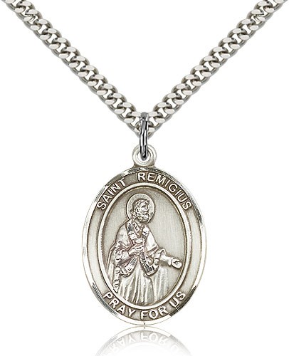 St. Remigius of Reims Medal, Sterling Silver, Large - 24" 2.4mm Rhodium Plate Chain + Clasp