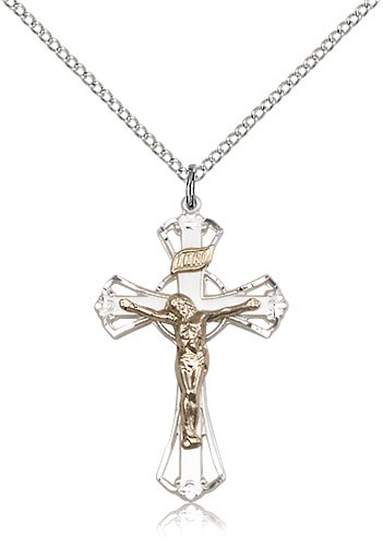 Crucifix Pendant, Two-Tone - 18" 1.2mm Sterling Silver Chain + Clasp