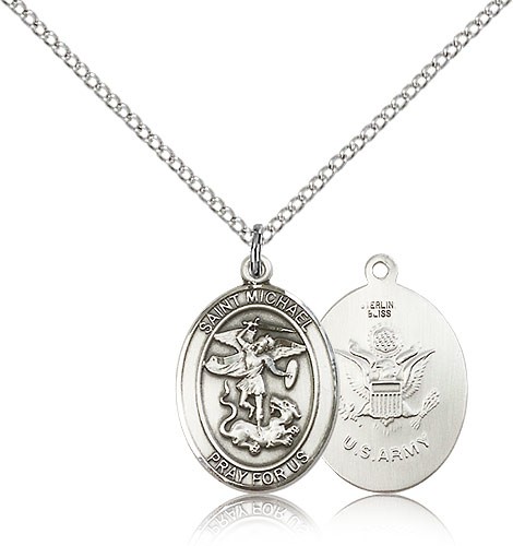 St. Michael Army Medal, Sterling Silver, Medium - 18" 1.2mm Sterling Silver Chain + Clasp