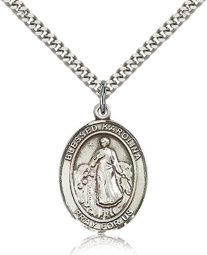 Blessed Karolina Kozkowna Medal, Sterling Silver, Large - 24" 2.4mm Rhodium Plate Chain + Clasp