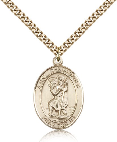 St. Christopher Medal, Gold Filled, Large - 24" 2.4mm Gold Plated Chain + Clasp