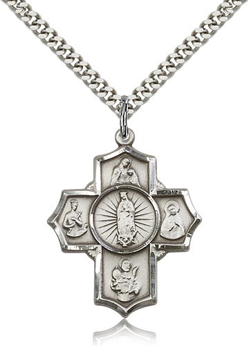 5 Way Cross Motherhood Medal, Sterling Silver - 24" 2.4mm Rhodium Plate Endless Chain