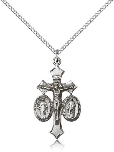 Jesus, Mary and Joseph Medal, Sterling Silver - 18" 1.2mm Sterling Silver Chain + Clasp