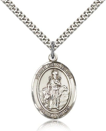 St. Cornelius Medal, Sterling Silver, Large - 24" 2.4mm Rhodium Plate Chain + Clasp