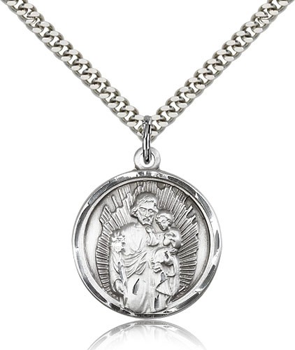 St. Joseph Medal, Sterling Silver - 24" 2.4mm Rhodium Plate Endless Chain