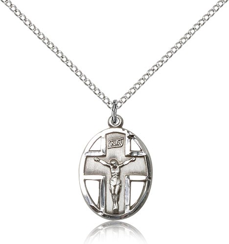Crucifix Pendant, Sterling Silver - 18" 1.2mm Sterling Silver Chain + Clasp
