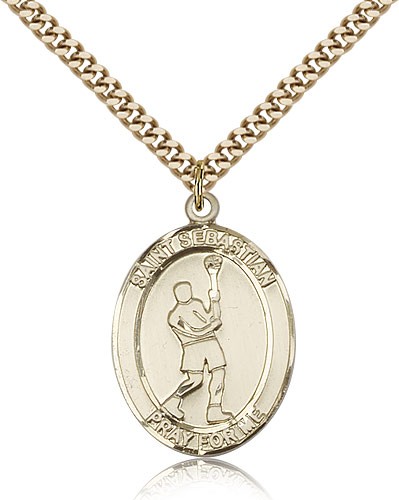 St. Sebastian Lacrosse Medal, Gold Filled, Large - 24" 2.4mm Gold Plated Chain + Clasp