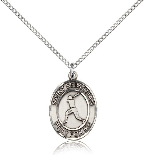 St. Sebastian Baseball Medal, Sterling Silver, Medium - 18" 1.2mm Sterling Silver Chain + Clasp