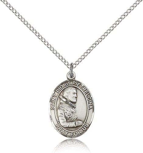 St. Pio of Pietrelcina Medal, Sterling Silver, Medium - 18" 1.2mm Sterling Silver Chain + Clasp
