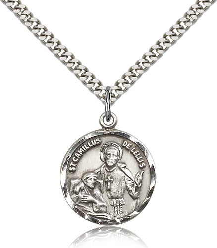 St. Camillus of Lellis Medal, Sterling Silver - 24" 2.4mm Rhodium Plate Endless Chain