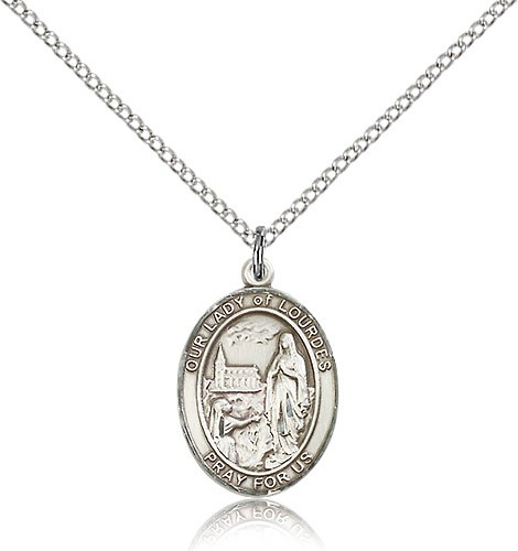 Our Lady of Lourdes Medal, Sterling Silver, Medium - 18" 1.2mm Sterling Silver Chain + Clasp