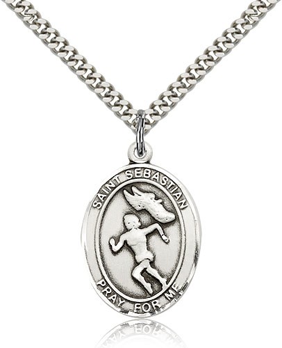St. Sebastian Track and Field Medal, Sterling Silver, Large - 24" 2.4mm Rhodium Plate Chain + Clasp