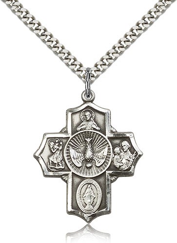 Men's Sterling Silver 5 Way Cross with Dove Pendant - 24" 2.4mm Rhodium Plate Endless Chain
