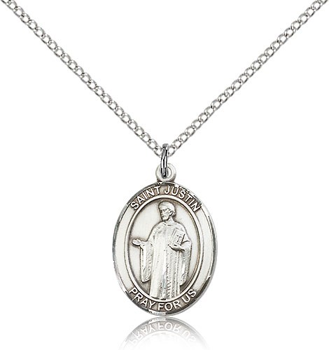 St. Justin Medal, Sterling Silver, Medium - 18" 1.2mm Sterling Silver Chain + Clasp