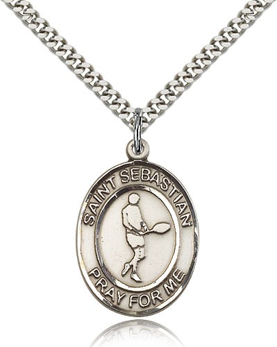 St. Sebastian Tennis Medal, Sterling Silver, Large - 24" 2.4mm Rhodium Plate Chain + Clasp