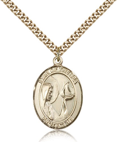 Our Lady Star of the Sea Medal, Gold Filled, Large - 24" 2.4mm Gold Plated Chain + Clasp