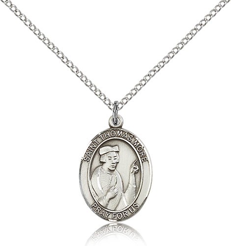 St. Thomas More Medal, Sterling Silver, Medium - 18" 1.2mm Sterling Silver Chain + Clasp