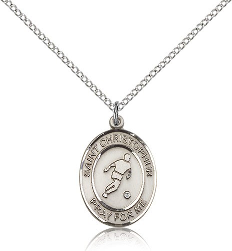 St. Christopher Soccer Medal, Sterling Silver, Medium - 18" 1.2mm Sterling Silver Chain + Clasp