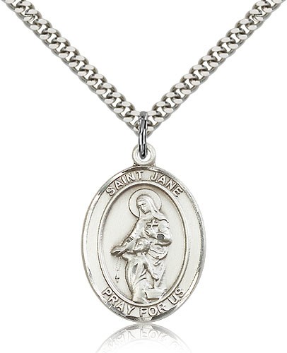 St. Jane of Valois Medal, Sterling Silver, Large - 24" 2.4mm Rhodium Plate Chain + Clasp