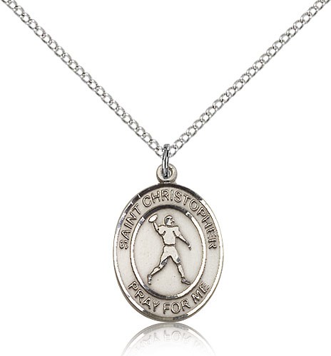 St. Christopher Football Medal, Sterling Silver, Medium - 18" 1.2mm Sterling Silver Chain + Clasp