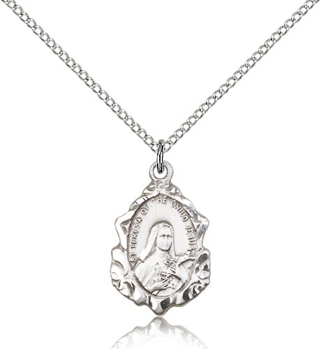 St. Theresa Medal, Sterling Silver - 18" 1.2mm Sterling Silver Chain + Clasp