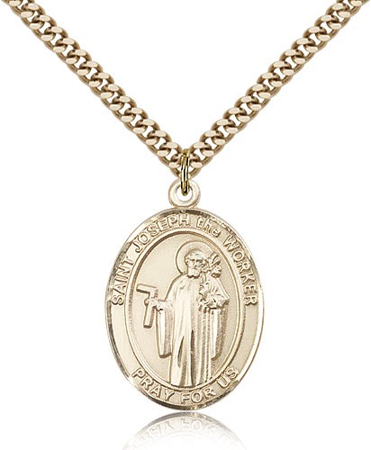 St. Joseph the Worker Medal, Gold Filled, Large - 24" 2.4mm Gold Plated Chain + Clasp