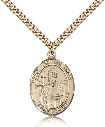 St. Leo the Great Medal, Gold Filled, Large - 24" 2.4mm Gold Plated Chain + Clasp