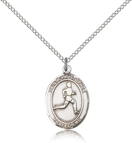 St. Christopher Track and Field Medal, Sterling Silver, Medium - 18" 1.2mm Sterling Silver Chain + Clasp