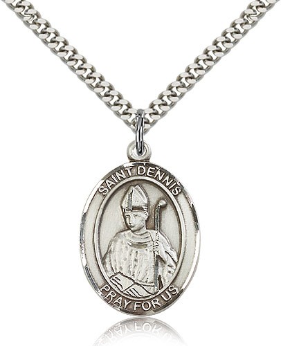 St. Dennis Medal, Sterling Silver, Large - 24" 2.4mm Rhodium Plate Chain + Clasp
