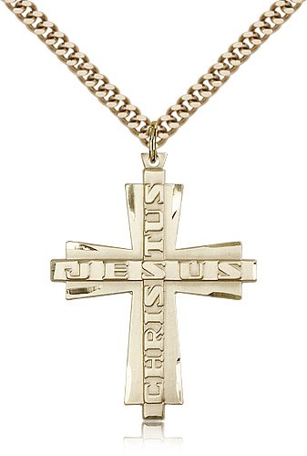 Jesus Christus Cross Pendant, Gold Filled - 24" 2.4mm Gold Plated Endless Chain