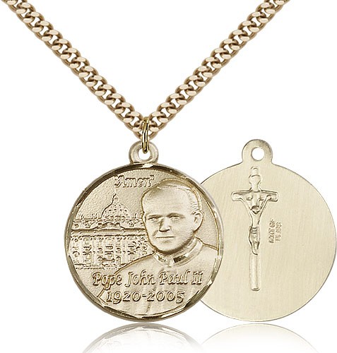 Pope John Paul II Vatican Medal, Gold Filled - 24" 2.4mm Gold Plated Endless Chain