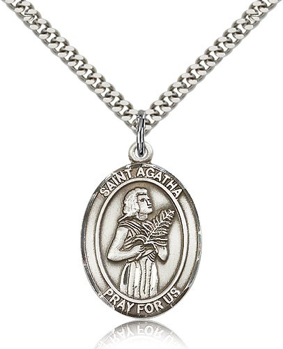 Men's Sterling Silver Saint Agatha Oval Medal - 24" 2.4mm Rhodium Plate Chain + Clasp