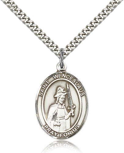 St. Wenceslaus Medal, Sterling Silver, Large - 24" 2.4mm Rhodium Plate Chain + Clasp