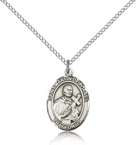 St. Martin De Porres Medal, Sterling Silver, Medium - 18" 1.2mm Sterling Silver Chain + Clasp