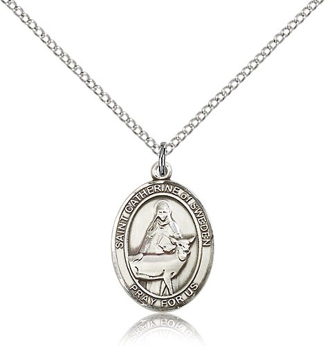 St. Catherine of Sweden Medal, Sterling Silver, Medium - 18" 1.2mm Sterling Silver Chain + Clasp