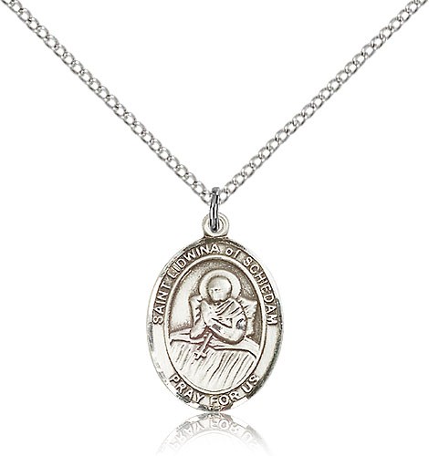 St. Lidwina of Schiedam Medal, Sterling Silver, Medium - 18" 1.2mm Sterling Silver Chain + Clasp