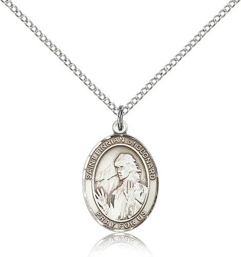 St. Finnian of Clonard Medal, Sterling Silver, Medium - 18" 1.2mm Sterling Silver Chain + Clasp