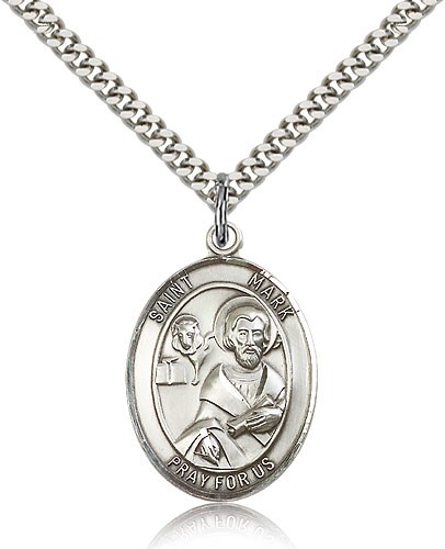 St. Mark the Evangelist Medal, Sterling Silver, Large - 24" 2.4mm Rhodium Plate Chain + Clasp