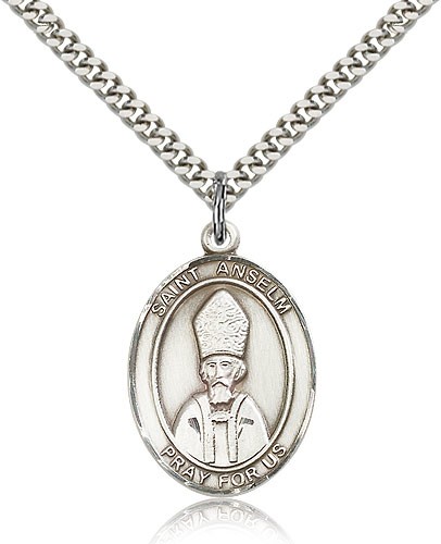 St. Anselm of Canterbury Medal, Sterling Silver, Large - 24" 2.4mm Rhodium Plate Chain + Clasp