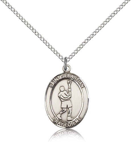 St. Sebastian Lacrosse Medal, Sterling Silver, Medium - 18" 1.2mm Sterling Silver Chain + Clasp