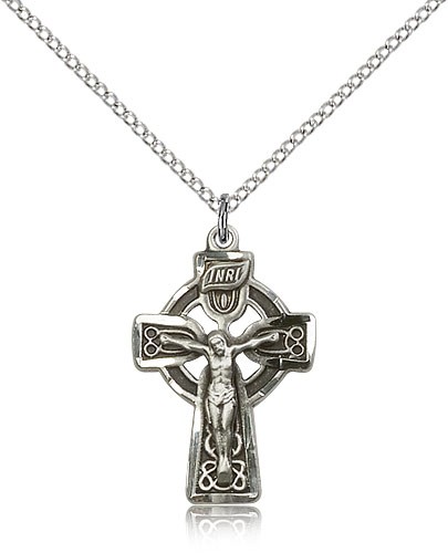 Celtic Crucifix Pendant, Sterling Silver - 18" 1.2mm Sterling Silver Chain + Clasp